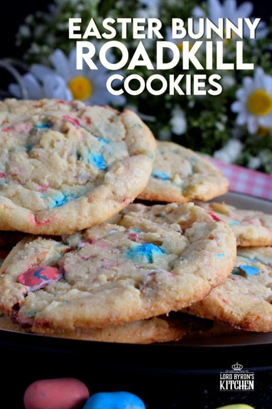 Spark conversation with this controversially named treat! This not-so-perfect chewy cookie with crispy edges is filled with chocolate malted balls. Prepare a batch of these Easter Bunny Roadkill Cookies and watch for reactions when you suggest that the Easter Bunny has been run over by a truck! #Easter #Bunny #roadkill #cookie #malted #chocolate #balls