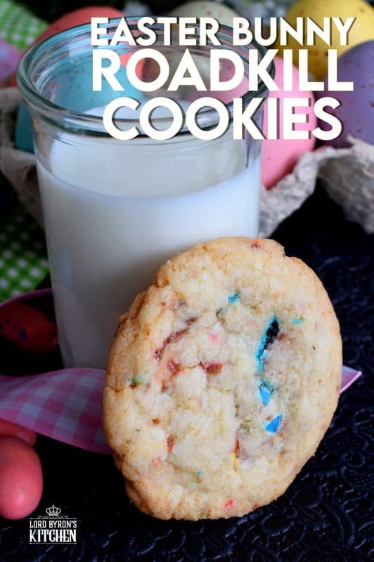 Spark conversation with this controversially named treat! This not-so-perfect chewy cookie with crispy edges is filled with chocolate malted balls. Prepare a batch of these Easter Bunny Roadkill Cookies and watch for reactions when you suggest that the Easter Bunny has been run over by a truck! #Easter #Bunny #roadkill #cookie #malted #chocolate #balls