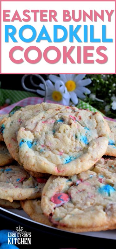Spark conversation with this controversially named treat! This not-so-perfect chewy cookie with crispy edges is filled with chocolate malted balls. Prepare a batch of these Easter Bunny Roadkill Cookies and watch for reactions when you suggest that the Easter Bunny has been run over by a truck! #Easter #Bunny #roadkill #cookie #malted #chocolate #balls