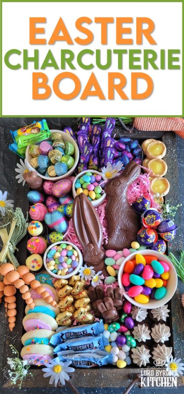 Gather together all of your Easter basket goodies and assemble an Easter Charcuterie Board for your friends and family. It's such an easy way to serve up dessert after dinner, because everything is ready to go, and there's no mess or fuss. All you need is a bunch of napkins and cups of hot coffee for everyone because coffee and chocolate cannot be beat! #charcuterie #easterchocolate #easter #eastercharcuterie #chocolate #bunnies