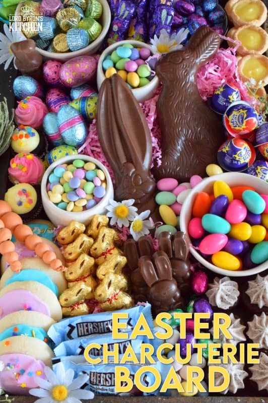 Gather together all of your Easter basket goodies and assemble an Easter Charcuterie Board for your friends and family. It's such an easy way to serve up dessert after dinner, because everything is ready to go, and there's no mess or fuss. All you need is a bunch of napkins and cups of hot coffee for everyone because coffee and chocolate cannot be beat! #charcuterie #easterchocolate #easter #eastercharcuterie #chocolate #bunnies