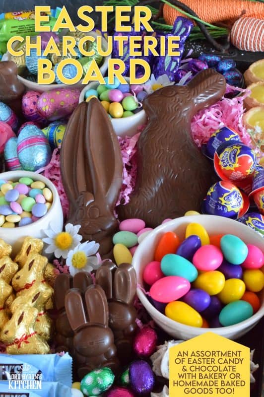 Gather together all of your Easter basket goodies and assemble an Easter Charcuterie Board for your friends and family. It's such an easy way to serve up dessert after dinner, because everything is ready to go, and there's no mess or fuss. All you need is a bunch of napkins and cups of hot coffee for everyone because coffee and chocolate cannot be beat! #charcuterie #easterchocolate #easter #eastercharcuterie #chocolate #bunnies