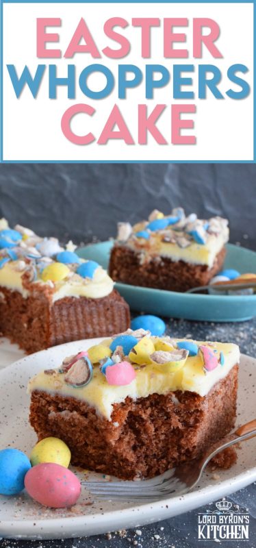 This Easter Whoppers Cake is light and fluffy, yet moist and flavourful, and prepared with chocolate pudding! The cake is topped with buttercream frosting and crushed whoppers. If you have never tried a cake made with pudding, you're in for a treat! This is the ultimate Easter Sunday dessert! #whoppers #easter #desserts #cake #chocolate #pudding #eastercake