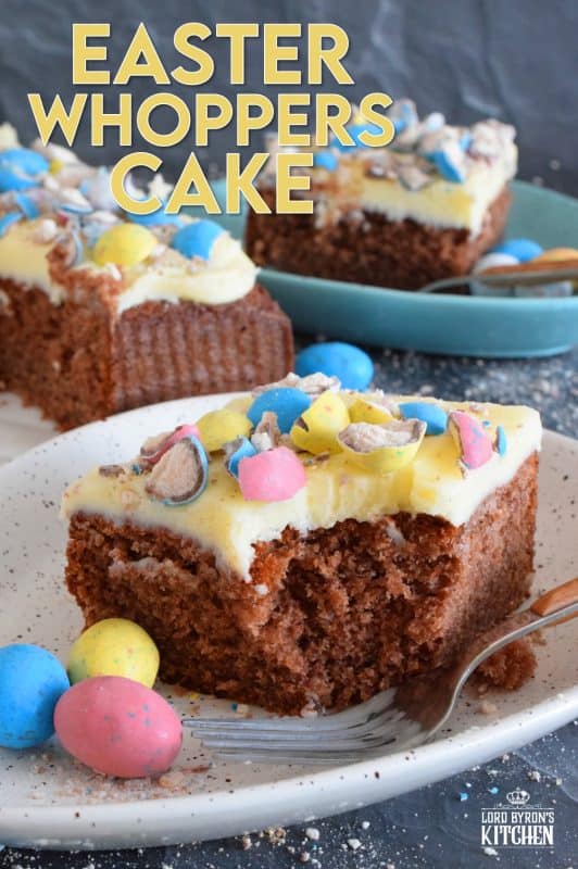 This Easter Whoppers Cake is light and fluffy, yet moist and flavourful, and prepared with chocolate pudding! The cake is topped with buttercream frosting and crushed whoppers. If you have never tried a cake made with pudding, you're in for a treat! This is the ultimate Easter Sunday dessert! #whoppers #easter #desserts #cake #chocolate #pudding #eastercake