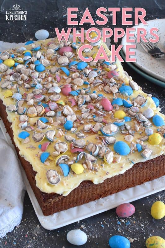 This Easter Whoppers Cake is light and fluffy, yet moist and flavourful, and prepared with chocolate pudding! The cake is topped with buttercream frosting and crushed whoppers. If you have never tried a cake made with pudding, you're in for a treat! This is the ultimate Easter Sunday dessert! #whoppers #easter #desserts #cake #chocolate #pudding #eastercake