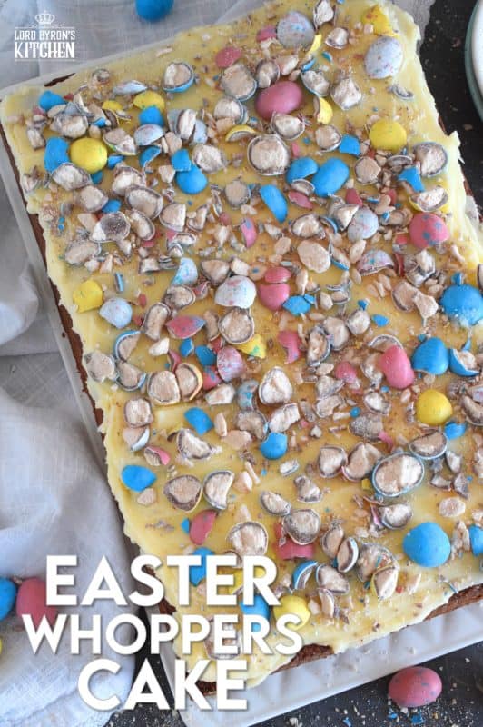 This Easter Whoppers Cake is light and fluffy, yet moist and flavourful, and prepared with chocolate pudding! The cake is topped with buttercream frosting and crushed whoppers. If you have never tried a cake made with pudding, you're in for a treat! This is the ultimate Easter Sunday dessert! #whoppers #easter #desserts #cake #chocolate #pudding #eastercake