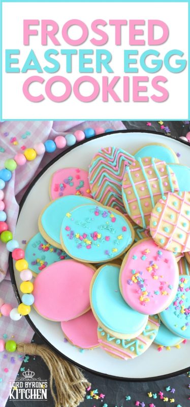 Frosted Easter Egg Cookies are prepared with a light and airy shortbread cookie base consisting of only three ingredients! Once cooled, they are frosted with an easy-to-make royal icing, which hardens and crisps when dried. Topped with sprinkles or simply frosted with whimsical patterns, it's hard to eat only one of these cookies! #easter #easteregg #cookies #royalicing #frosted #sprinkles #cookiecutter