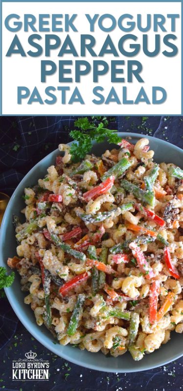 Served cold or at room temperature, Greek Yogurt Asparagus Pepper Pasta Salad is bound to be a new family favourite. Creamy, zingy, and cheesy, this salad is one you will want to make over and over again! #pasta #pastasalad #asparagus #vegetablesalad #vegetarian #potluck #summersalad