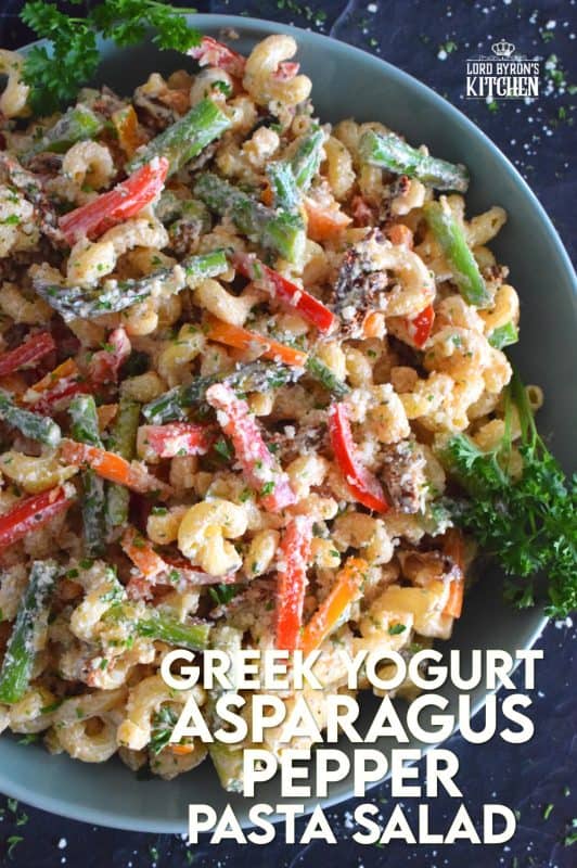 Served cold or at room temperature, Greek Yogurt Asparagus Pepper Pasta Salad is bound to be a new family favourite. Creamy, zingy, and cheesy, this salad is one you will want to make over and over again! #pasta #pastasalad #asparagus #vegetablesalad #vegetarian #potluck #summersalad