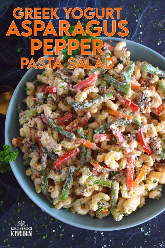 Served cold or at room temperature, Greek Yogurt Asparagus Pepper Pasta Salad is bound to be a new family favourite. Creamy, zingy, and cheesy, this salad is one you will want to make over and over again! #pasta #pastasalad #asparagus #vegetablesalad #vegetarian #potluck #summersalad