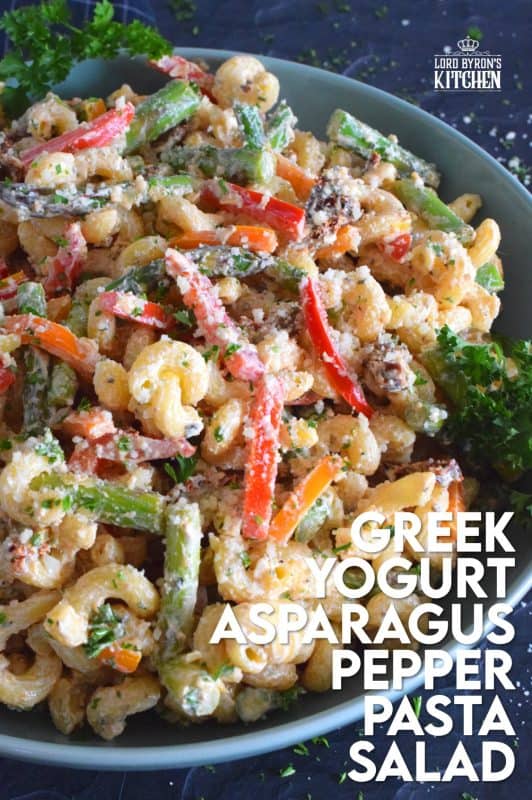 Served cold or at room temperature, Greek Yogurt Asparagus Pepper Pasta Salad is bound to be a new family favourite. Creamy, zingy, and cheesy, this salad is one you will want to make over and over again! #pasta #pastasalad #asparagus #vegetablesalad #vegetarian #potluck #summersalad