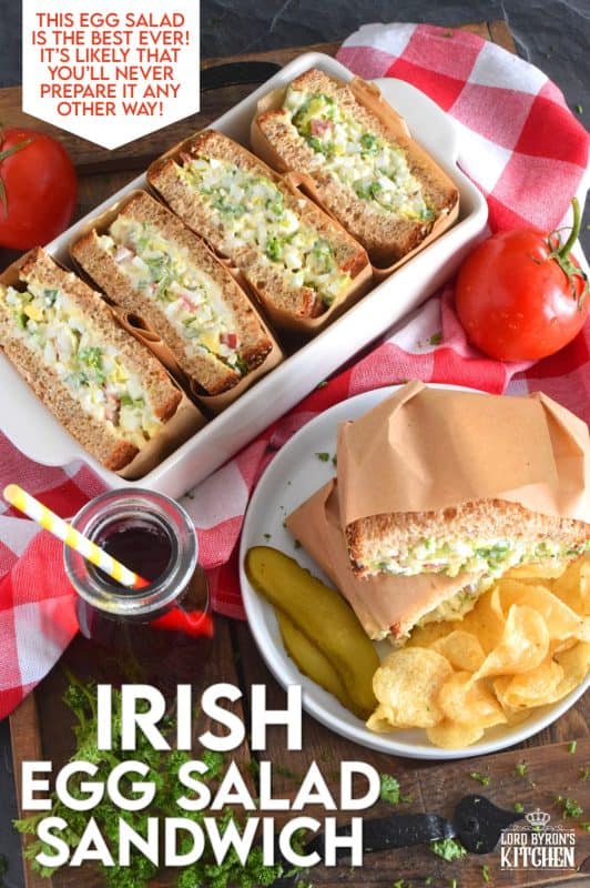 Take this Irish Egg Salad Sandwich to work with you for lunch this St. Patrick's Day! It's the most delicious and interesting egg salad sandwich you'll ever eat! It is super flavourful and filled with freshness too. Get your favourite sandwich bread and overfill it with this egg salad mixture; if it's not messy, you're not doing it right! #eggsalad #sandwich #eggsandwich #irish #stpatricksday #eggsaladsandwich #vegetarian