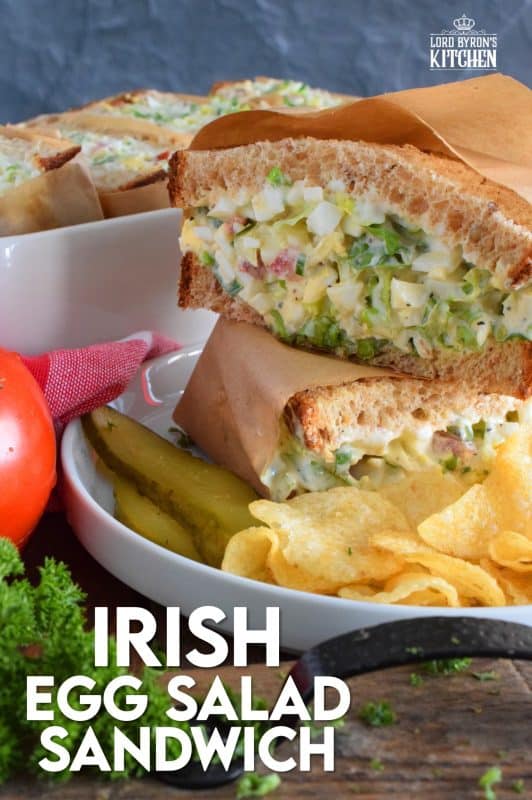 Take this Irish Egg Salad Sandwich to work with you for lunch this St. Patrick's Day! It's the most delicious and interesting egg salad sandwich you'll ever eat! It is super flavourful and filled with freshness too. Get your favourite sandwich bread and overfill it with this egg salad mixture; if it's not messy, you're not doing it right! #eggsalad #sandwich #eggsandwich #irish #stpatricksday #eggsaladsandwich #vegetarian
