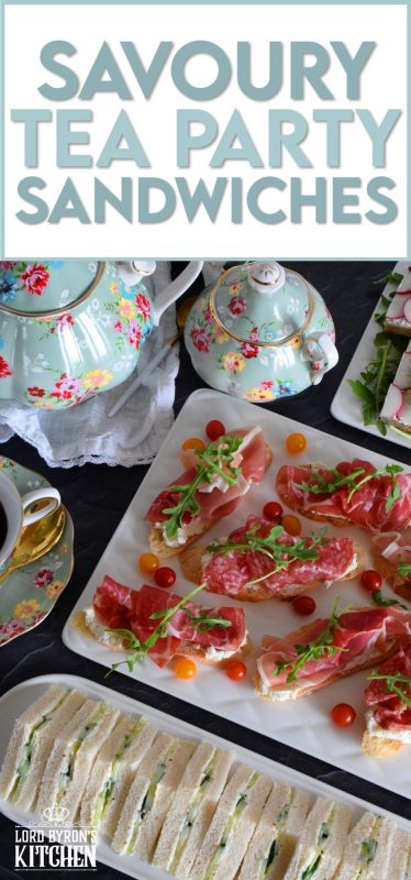 Savoury Tea Party Sandwiches are small, inexpensive, delicious, and easy to assemble. Serve with hot tea, fresh fruit, and sweet treats for a complete afternoon tea. #teaparty #englishtea #hightea #tea #afternoontea #teasandwiches #fingerfoods #sandwiches