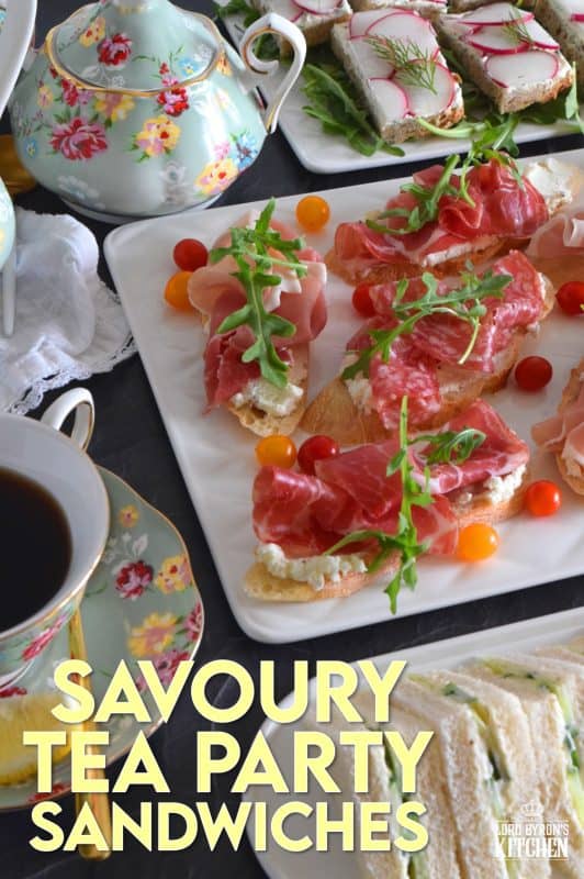 Savoury Tea Party Sandwiches are small, inexpensive, delicious, and easy to assemble. Serve with hot tea, fresh fruit, and sweet treats for a complete afternoon tea. #teaparty #englishtea #hightea #tea #afternoontea #teasandwiches #fingerfoods #sandwiches