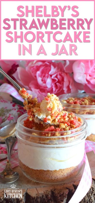 Remember those pink and white ice cream bars with the crumb coating? If you loved those, then you're already a fan of Shelby's Strawberry Shortcake. Prepared in a jar or as a pie, this is a simple-to-prepare dessert that will have your guests begging for more! #strawberry #shortcake #creamcheese #crumbs
