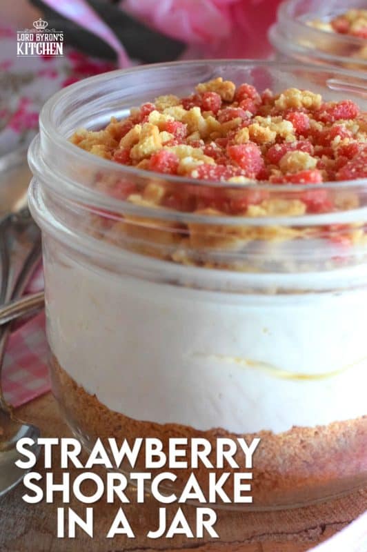 Remember those pink and white ice cream bars with the crumb coating? If you loved those, then you're already a fan of Shelby's Strawberry Shortcake. Prepared in a jar or as a pie, this is a simple-to-prepare dessert that will have your guests begging for more! #strawberry #shortcake #creamcheese #crumbs