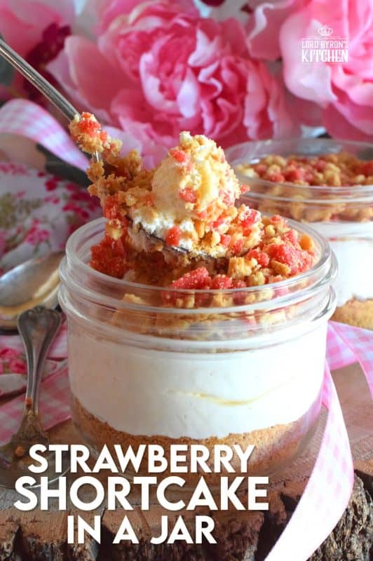 Remember those pink and white ice cream bars with the crumb coating? If you loved those, then you're already a fan of Shelby's Strawberry Shortcake. Prepared in a jar or as a pie, this is a simple-to-prepare dessert that will have your guests begging for more! #strawberry #shortcake #creamcheese #crumbs