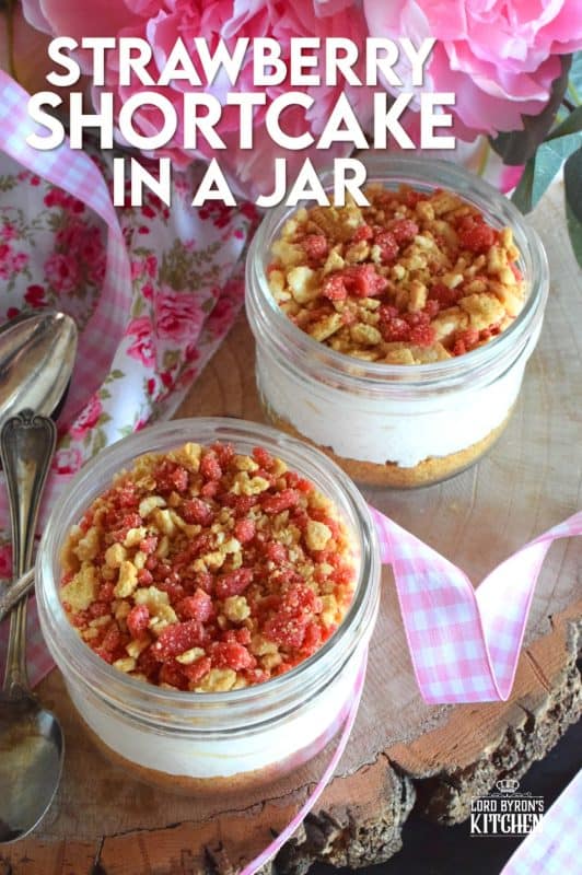 Remember those pink and white ice cream bars with the crumb coating? If you loved those, then you're already a fan of Shelby's Strawberry Shortcake. Prepared in a jar or as a pie, this is a simple-to-prepare dessert that will have your guests begging for more! #strawberry #shortcake #creamcheese #crumbs