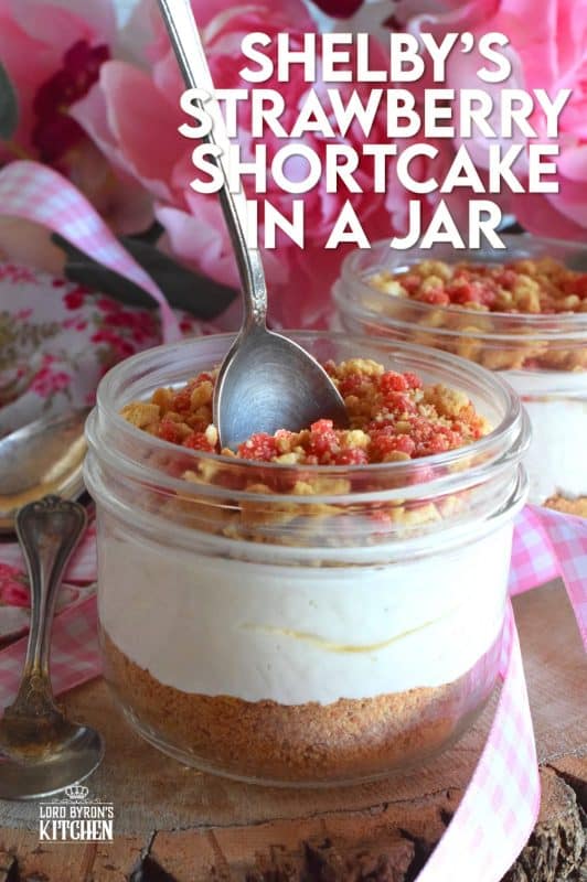 Remember those pink and white ice cream bars with the crumb coating? If you loved those, then you're already a fan of Shelby's Strawberry Shortcake. Prepared in a jar or as a pie, this is a simple-to-prepare dessert that will have your guests begging for more! #strawberry #shortcake #creamcheese #crumbs