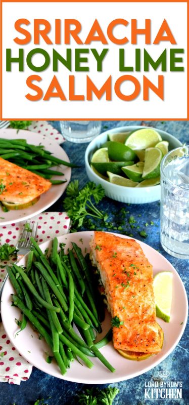 Slightly sweet with a little tartness, Sriracha Honey Lime Salmon is oven baked on a bed of sliced limes for extra zing and fresh flavour. The sriracha and honey combine to make a wonderful basting sauce with the perfect balance of sweet and heat. #sriracha #honey #honeylime #salmon #bakedsalmon #spicysalmon