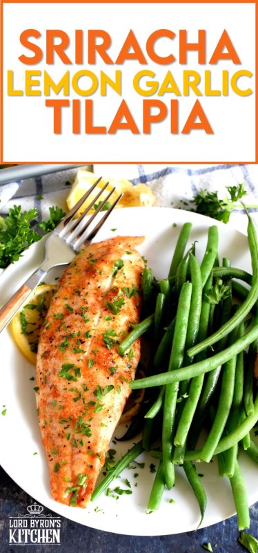 Classic fish recipe ingredients like lemon and garlic come together with the help of sriracha to create a baked tilapia worthy of the highest praise. Boring fish recipes be gone; say hello to Sriracha Lemon Garlic Tilapia! #tilapia #lemongarlic #bakedfish #bakedtilapia