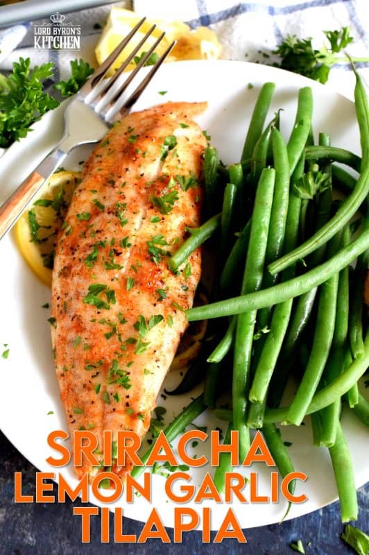 Classic fish recipe ingredients like lemon and garlic come together with the help of sriracha to create a baked tilapia worthy of the highest praise. Boring fish recipes be gone; say hello to Sriracha Lemon Garlic Tilapia! #tilapia #lemongarlic #bakedfish #bakedtilapia