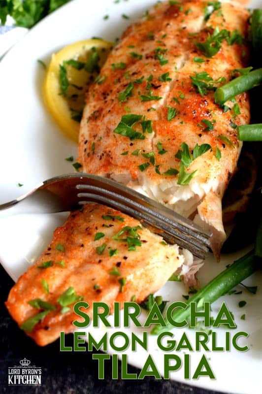 Classic fish recipe ingredients like lemon and garlic come together with the help of sriracha to create a baked tilapia worthy of the highest praise. Boring fish recipes be gone; say hello to Sriracha Lemon Garlic Tilapia! #tilapia #lemongarlic #bakedfish #bakedtilapia