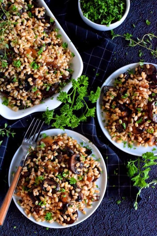 A warm, hearty salad is a great wintertime dinner option, but it's also quite delicious served as a main on a warm, spring evening. Warm Mushroom and Barley Salad is prepared with caramelized shallots and is bursting with bright citrus-y flavour too! #barley #warmsalad #salad #mushrooms