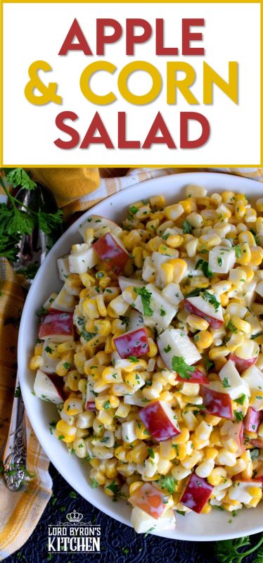With just a few ingredients, Apple and Corn Salad is one of those great tasting recipes that gives you lots of bang for your buck! This was oftentimes served with potato salads and chicken for Sunday night supper! #corn #apple #salad #summersalad #cornsalad #applesalad