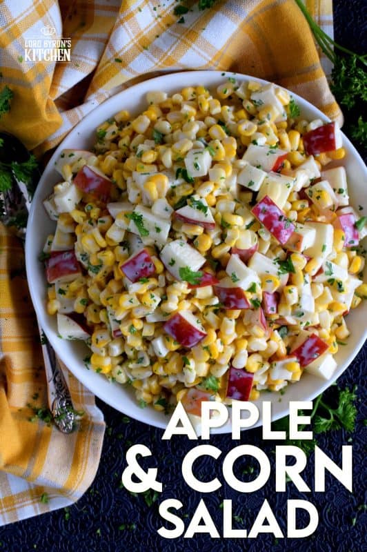 With just a few ingredients, Apple and Corn Salad is one of those great tasting recipes that gives you lots of bang for your buck! This was oftentimes served with potato salads and chicken for Sunday night supper! #corn #apple #salad #summersalad #cornsalad #applesalad