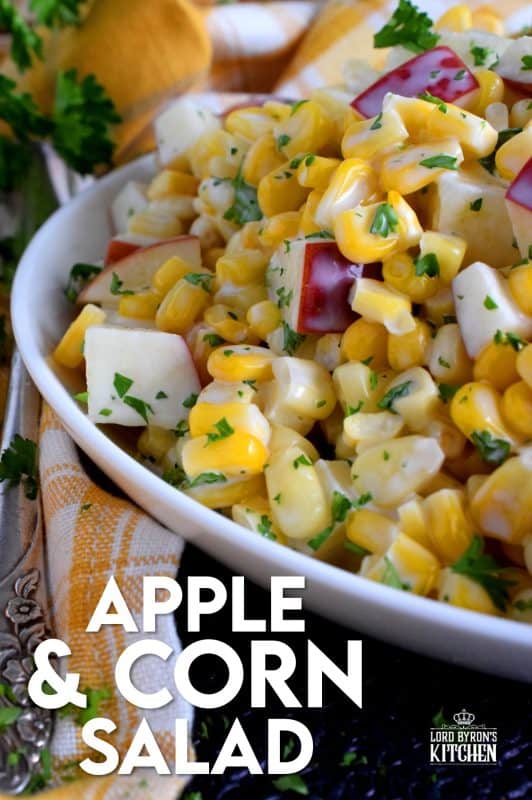With just a few ingredients, Apple and Corn Salad is one of those great tasting recipes that gives you lots of bang for your buck! This was oftentimes served with potato salads and chicken for Sunday night supper! #corn #apple #salad #summersalad #cornsalad #applesalad