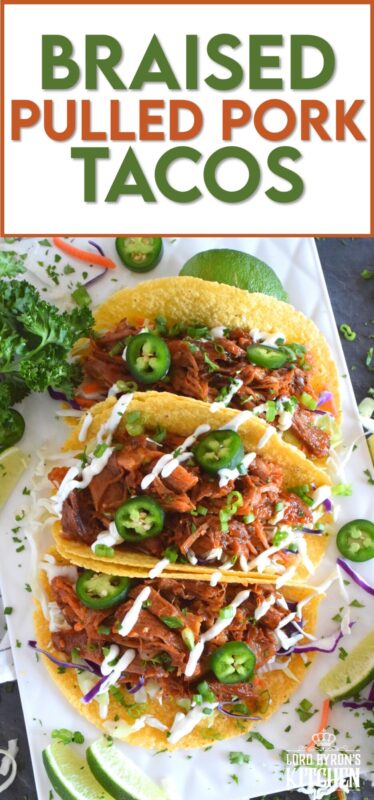 Moist and tender pork shoulder roast is braised in a rich and sweet tomato-based sauce with white wine, and brown sugar. The secret to these absolutely delicious Braised Pulled Pork Tacos is allowing the meat to cook slowly over low heat in a covered pan for multiple hours. Braising cannot be rushed and patience is greatly rewarded with just one bite of this deliciously savoury taco! #tacos #pulledpork #stovetop #castironcooking #dutchoven #porkshoulder #pork