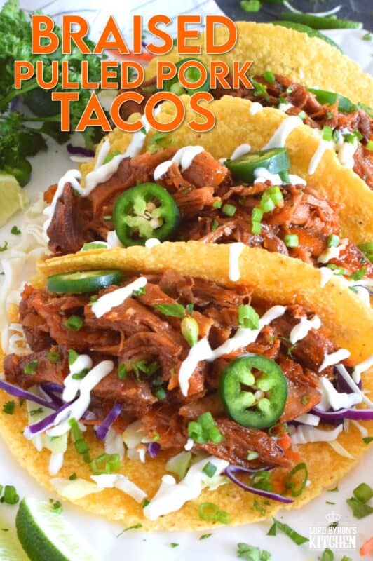 Moist and tender pork shoulder roast is braised in a rich and sweet tomato-based sauce with white wine, and brown sugar. The secret to these absolutely delicious Braised Pulled Pork Tacos is allowing the meat to cook slowly over low heat in a covered pan for multiple hours. Braising cannot be rushed and patience is greatly rewarded with just one bite of this deliciously savoury taco! #tacos #pulledpork #stovetop #castironcooking #dutchoven #porkshoulder #pork