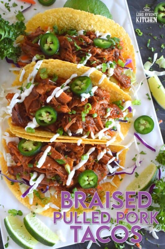 Moist and tender pork shoulder roast is braised in a rich and sweet tomato-based sauce with white wine, and brown sugar. The secret to these absolutely delicious Braised Pulled Pork Tacos is allowing the meat to cook slowly over low heat in a covered pan for multiple hours. Braising cannot be rushed and patience is greatly rewarded with just one bite of this deliciously savoury taco! #tacos #pulledpork #stovetop #castironcooking #dutchoven #porkshoulder #pork