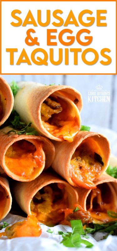 Great for guests or a quiet Saturday morning breakfast with your family. All of the prep can be done ahead of time too! These sausage and egg filled taquitos are perfectly crispy and cheesy! Use ground sausage meat or a whole sausage! #breakfast #taquitos #breakfastsausage #brunch
