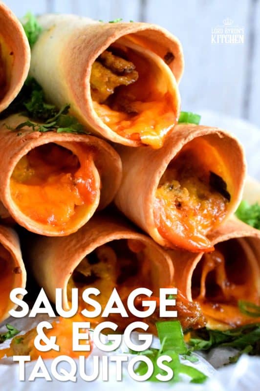 Great for guests or a quiet Saturday morning breakfast with your family. All of the prep can be done ahead of time too! These sausage and egg filled taquitos are perfectly crispy and cheesy! Use ground sausage meat or a whole sausage! #breakfast #taquitos #breakfastsausage #brunch