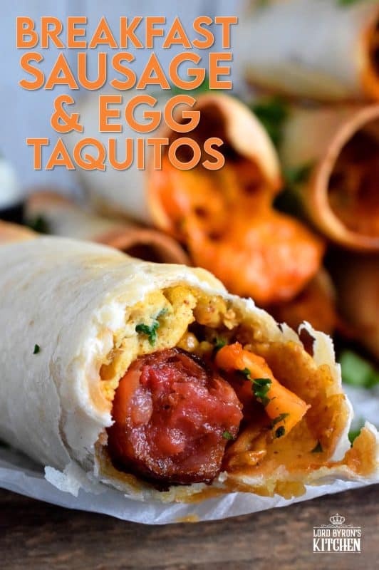 Great for guests or a quiet Saturday morning breakfast with your family. All of the prep can be done ahead of time too! These sausage and egg filled taquitos are perfectly crispy and cheesy! Use ground sausage meat or a whole sausage! #breakfast #taquitos #breakfastsausage #brunch