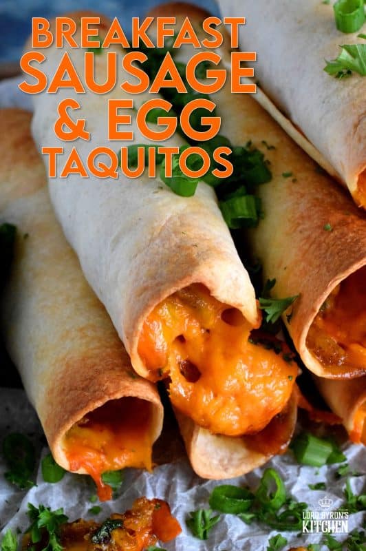 Great for guests or a quiet Saturday morning breakfast with your family. All of the prep can be done ahead of time too! These sausage and egg filled taquitos are perfectly crispy and cheesy! Use ground sausage meat or a whole sausage! #breakfast #taquitos #breakfastsausage #brunch