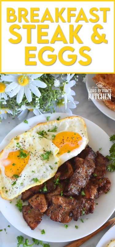 Breakfast Steak and Eggs is most certainly a hearty meal! Most morning routines don't make room for such luxuries, but a weekend breakfast or brunch is a perfect time to indulge in something as delicious as this! Go ahead and prepare the beef the night before. The longer it marinates, the more tender and juicy it will be! #breakfast #steak #steakandeggs #eggs #bigbreakfast #brunch