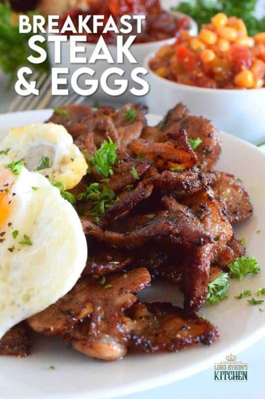 Breakfast Steak and Eggs is most certainly a hearty meal! Most morning routines don't make room for such luxuries, but a weekend breakfast or brunch is a perfect time to indulge in something as delicious as this! Go ahead and prepare the beef the night before. The longer it marinates, the more tender and juicy it will be! #breakfast #steak #steakandeggs #eggs #bigbreakfast #brunch