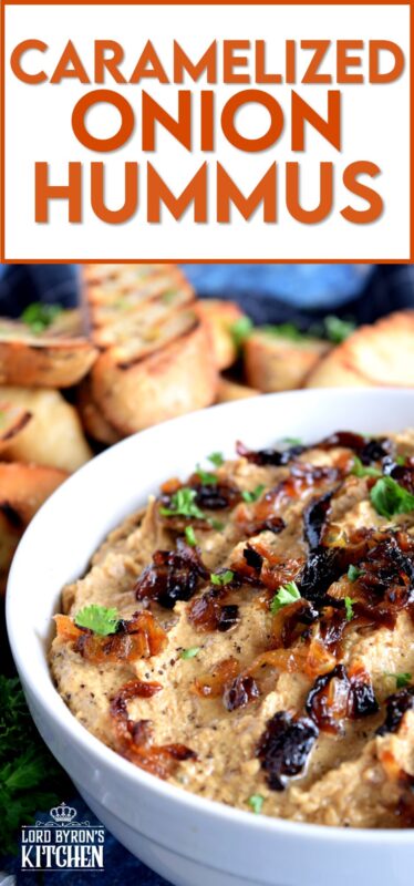 Of all the varieties of hummus, Caramelized Onion Hummus is my favourite.  It works great with veggies, but also as a spread with grilled crostini, crackers, or rice cakes.  This hummus is completely versatile because it's both savoury and sweet at the same time! #hummus #caramelized #onion #homemade #dip