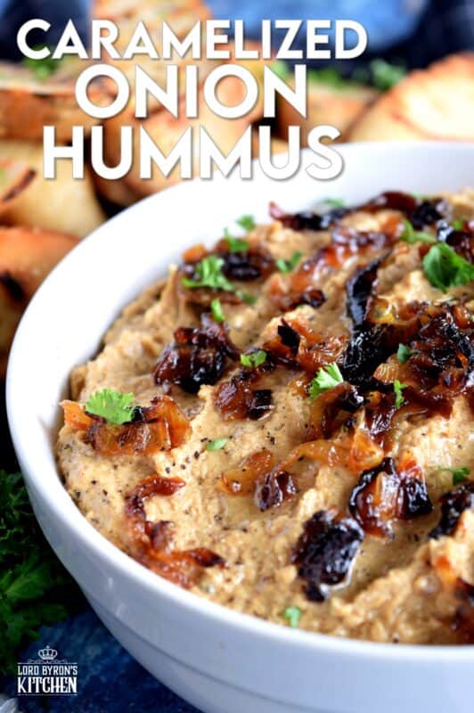 Of all the varieties of hummus, Caramelized Onion Hummus is my favourite.  It works great with veggies, but also as a spread with grilled crostini, crackers, or rice cakes.  This hummus is completely versatile because it's both savoury and sweet at the same time! #hummus #caramelized #onion #homemade #dip