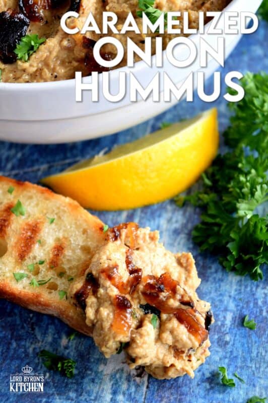 Of all the varieties of hummus, Caramelized Onion Hummus is my favourite.  It works great with veggies, but also as a spread with grilled crostini, crackers, or rice cakes.  This hummus is completely versatile because it's both savoury and sweet at the same time! #hummus #caramelized #onion #homemade #dip