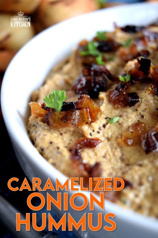 Of all the varieties of hummus, Caramelized Onion Hummus is my favourite.  It works great with veggies, but also as a spread with grilled crostini, crackers, or rice cakes.  This hummus is completely versatile because it's both savoury and sweet at the same time! #hummus #caramelized #onion #homemade #dip