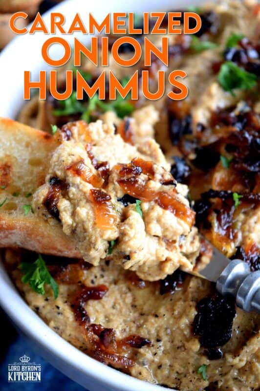 Of all the varieties of hummus, Caramelized Onion Hummus is my favourite.  It works great with veggies, but also as a spread with grilled crostini, crackers, or rice cakes.  This hummus is completely versatile because it's both savoury and sweet at the same time! #hummus #caramelized #onion #homemade #dip