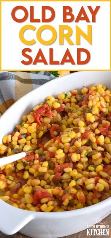 This warm and creamy corn salad is prepared with old bay seasoning, fried onions, bell peppers, garlic, and tomatoes. It's a perfect side dish for a backyard barbecue or a weeknight cold weather dinner. Serve with your favourite mains or spoon it onto grilled burgers and hot dogs. This side is versatile and delicious! #salad #corn #oldbay #creamedcorn #sidedish #vegetarian