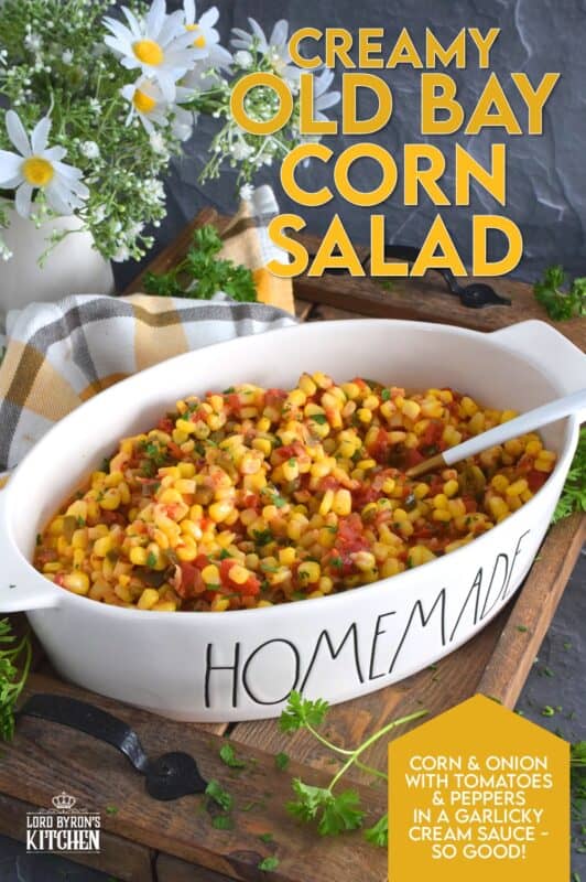 This warm and creamy corn salad is prepared with old bay seasoning, fried onions, bell peppers, garlic, and tomatoes. It's a perfect side dish for a backyard barbecue or a weeknight cold weather dinner. Serve with your favourite mains or spoon it onto grilled burgers and hot dogs. This side is versatile and delicious! #salad #corn #oldbay #creamedcorn #sidedish #vegetarian