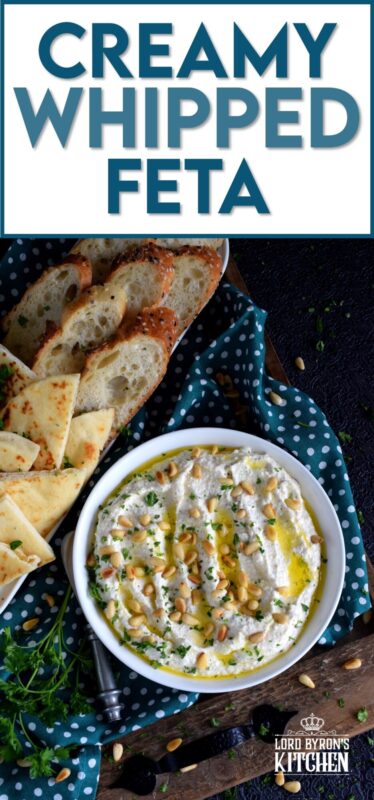 Salty and velvety smooth, seasoned with pantry herbs and spices, Creamy Whipped Feta will satisfy all of your snack cravings. Smear it on crackers and bread, or use it as a dip with veggies or pita. For even more flavour, be sure to toast the pine nuts first! #feta #fetadip #whippedfeta #dip #spread #appetizer