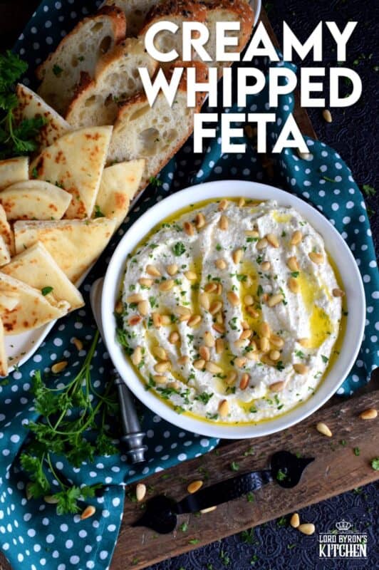 Salty and velvety smooth, seasoned with pantry herbs and spices, Creamy Whipped Feta will satisfy all of your snack cravings. Smear it on crackers and bread, or use it as a dip with veggies or pita. For even more flavour, be sure to toast the pine nuts first! #feta #fetadip #whippedfeta #dip #spread #appetizer